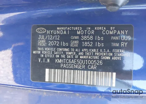 2013 Hyundai Veloster Turbo W/Black из США, поврежденный, VIN KMHTC6AE5DU100526